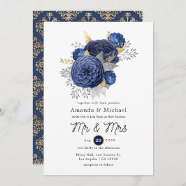 Convite Casamento Floral marinho Azul, Dourado e Prateado