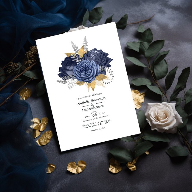 Convite Casamento Floral marinho Azul, Dourado e Prateado (Criador carregado)