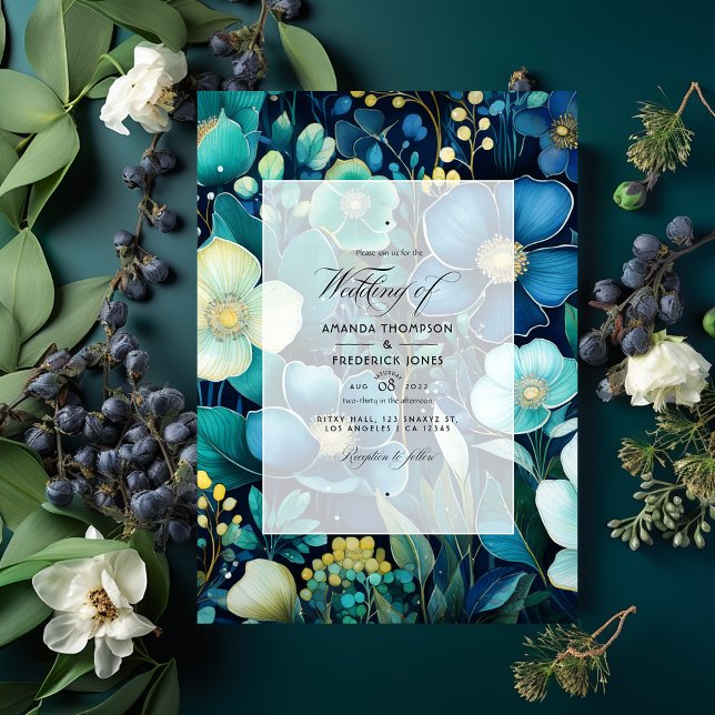 Convite Casamento Floral marinho Azul, Emerald Green e Sil (Criador carregado)