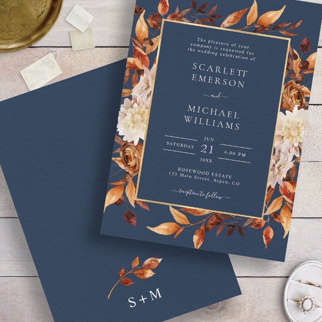 Convite Casamento Floral marinho Azul Queda (Navy Blue Fall Floral Wedding Invitation
)