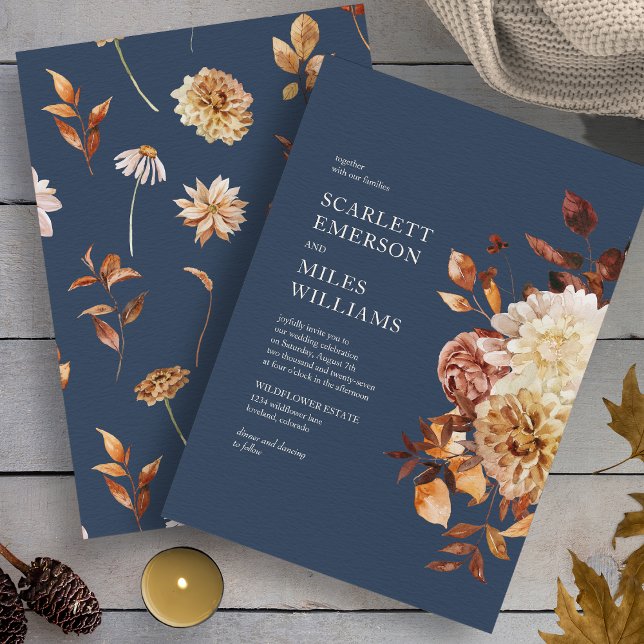 Convite Casamento Floral marinho Azul Queda (Navy Blue Autumn Floral Wedding Invitation by Painted Paperie
)