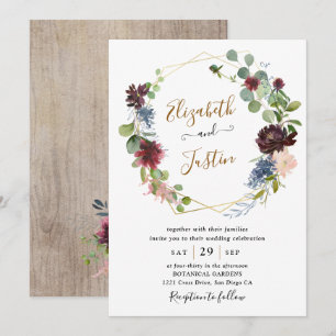 Convite Casamento Floral Marinho Russo Waterclor Burgundy