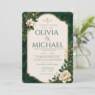 Convite Casamento Floral Mármore Verde Esmeralda Elegante 