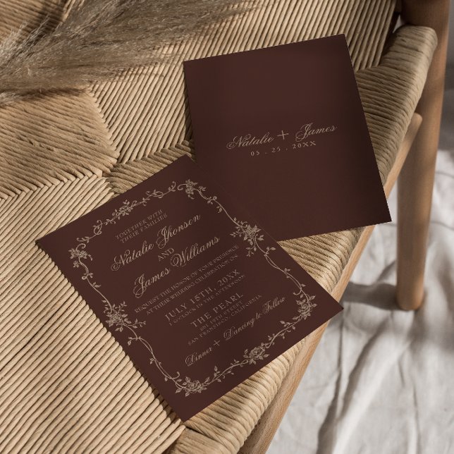 Convite Casamento Floral Marrom Chocolate Boho Chic Old Mo (Criador carregado)