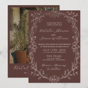 Convite Casamento Floral Marrom Chocolate Clássico com Din