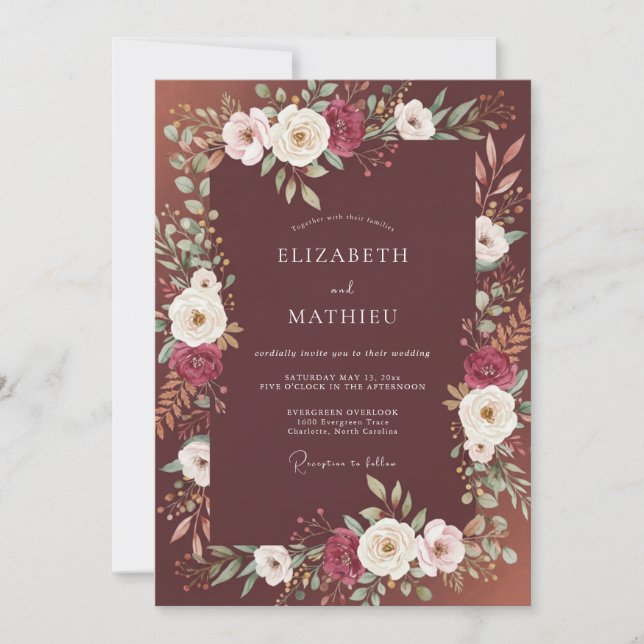 Convite Casamento Floral Marrom Elegante (Frente)