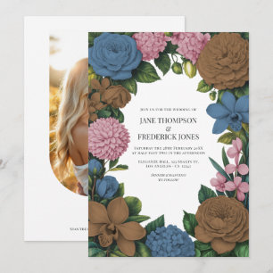 Convite Casamento Floral Marrom Mocha, Azul Empoeirado e R