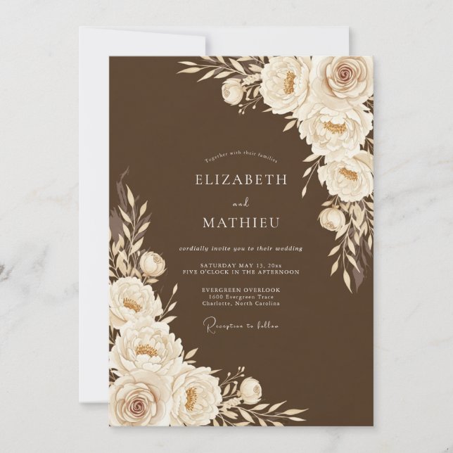 Convite Casamento Floral Marrom Romance (Frente)