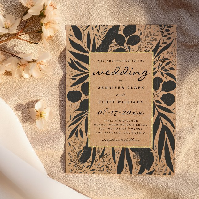 Convite Casamento floral marrom rústico em papel preto dou (Rustic brown paper black gold floral wedding)