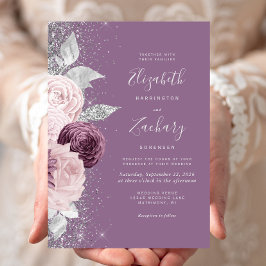 Convite Casamento Floral Mauve Blush Silver Glitter