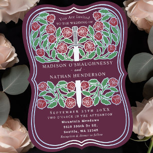Convite Casamento Floral Medieval Rosa Prata Espada Real