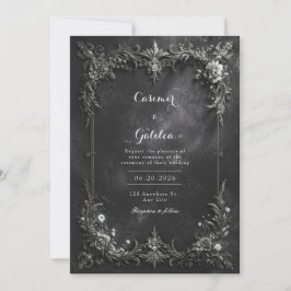 Convite Casamento Floral Metálico Preto e Prata Gótico Esc