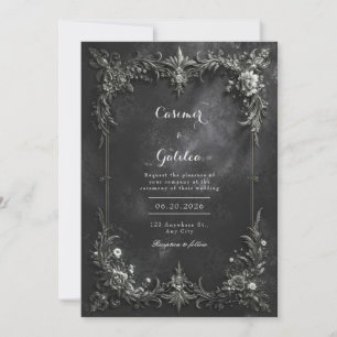 Convite Casamento Floral Metálico Preto e Prata Gótico Esc