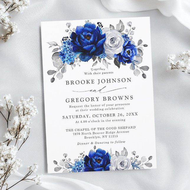 Convite Casamento Floral Metálico Real Blue Silver (Royal blue silver / White metallic grey floral wedding invitation)