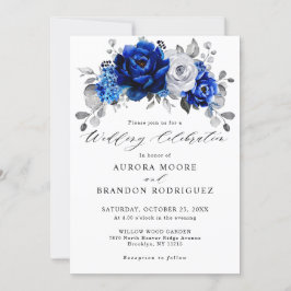 Convite Casamento Floral Metálico Real Blue Silver