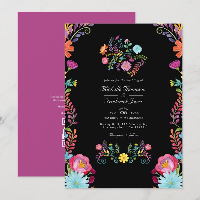 Convite Casamento Floral Mexican Fiesta Código QR RSVP (Frente/Verso)