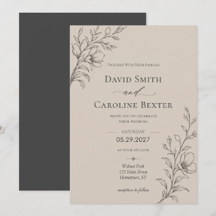 Convite Casamento Floral Minimalista Elegante Bege
