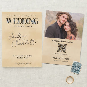 Convite Casamento Floral Minimalista Moderno com Código QR