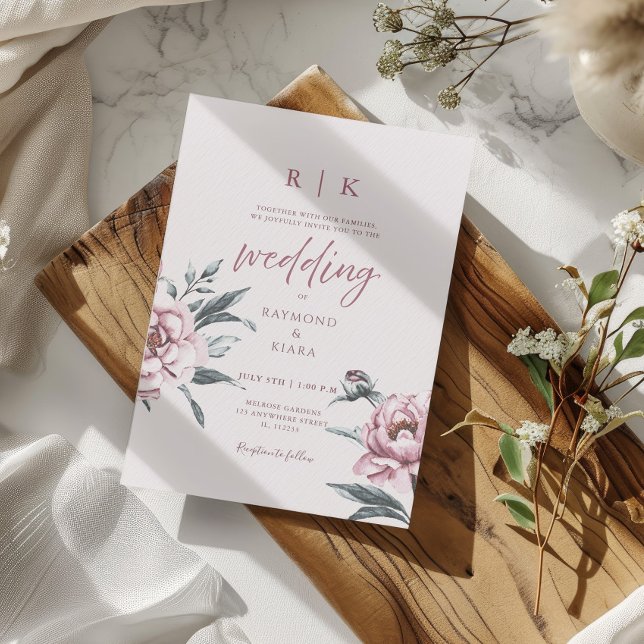 Convite Casamento Floral Mínimo Dusky Pink Pink Elegante (watercolor peony dusky pink wedding invitation
)
