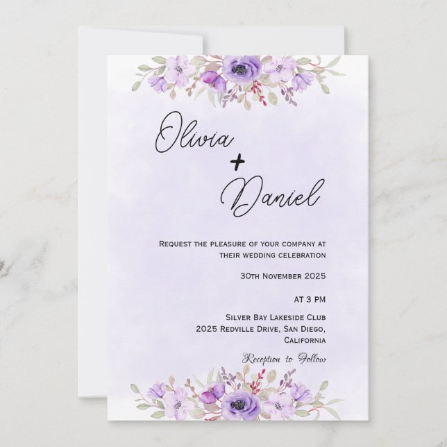 Convite Casamento Floral Mínimo Romântico Roxo (Frente)