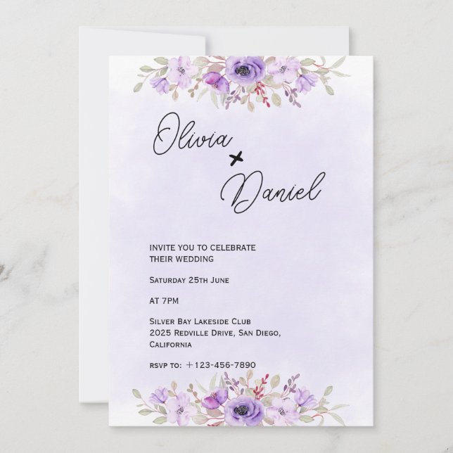 Convite Casamento Floral Mínimo Romântico Roxo (Frente)