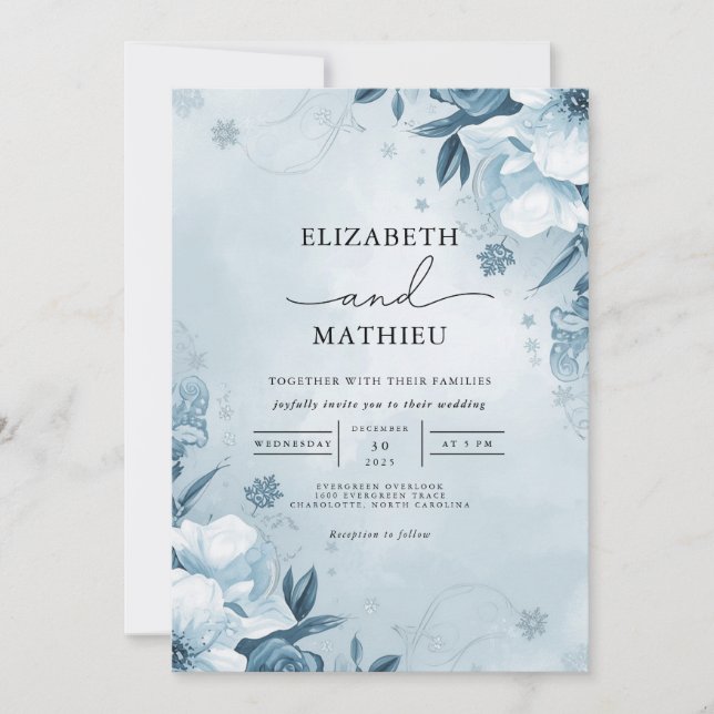 Convite Casamento Floral Misty Blue Watercolor (Frente)