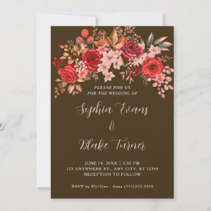 Convite Casamento Floral Mocha Brown, Rosas vermelhas Eleg