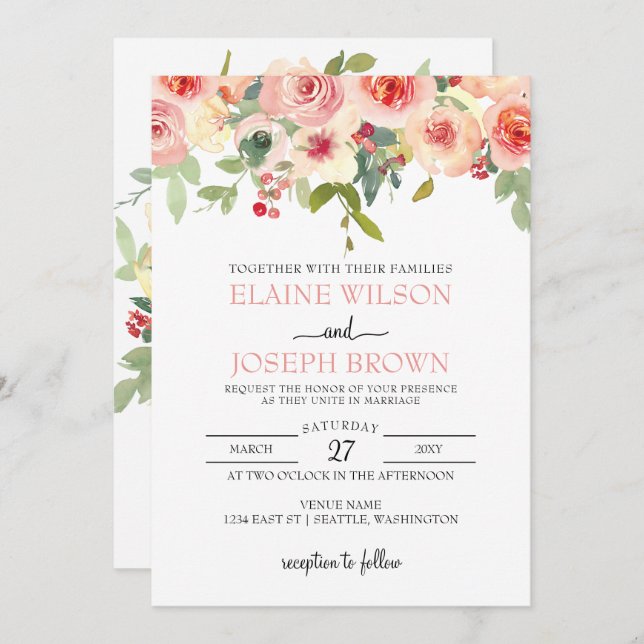 Convite Casamento Floral Moderno Blush (Frente/Verso)