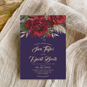 Convite Casamento Floral Moderno Boho Azul & Rosas