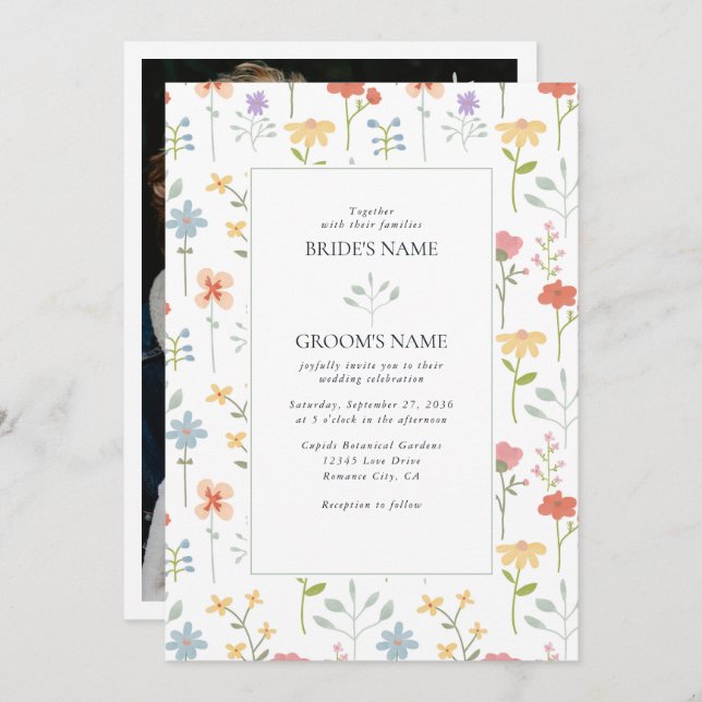 Convite Casamento Floral Moderno Boho Chic Wildflower (Frente/Verso)
