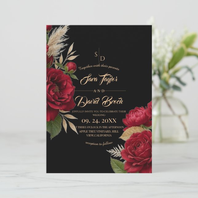 Convite Casamento Floral Moderno Boho de Rosas (Em pé/Frente)