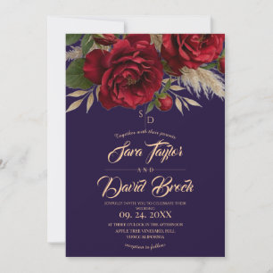Convite Casamento Floral Moderno Boho Roxo & Rosas