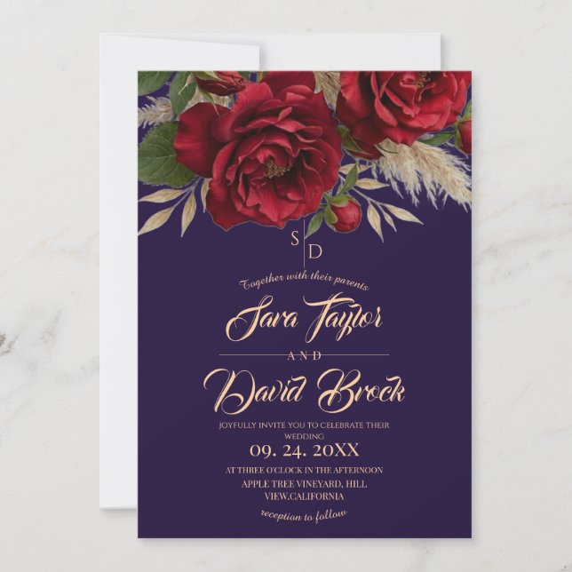 Convite Casamento Floral Moderno Boho Roxo & Rosas (Frente)