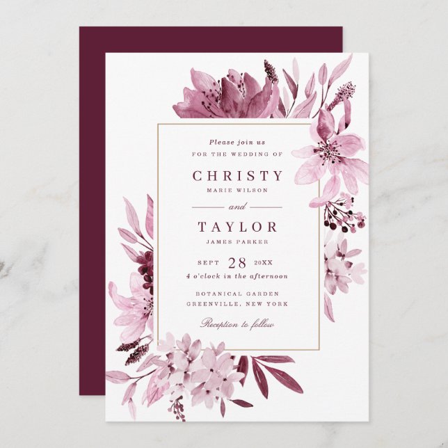 Convite Casamento Floral Moderno Burgundy Blush Watercolor (Frente/Verso)