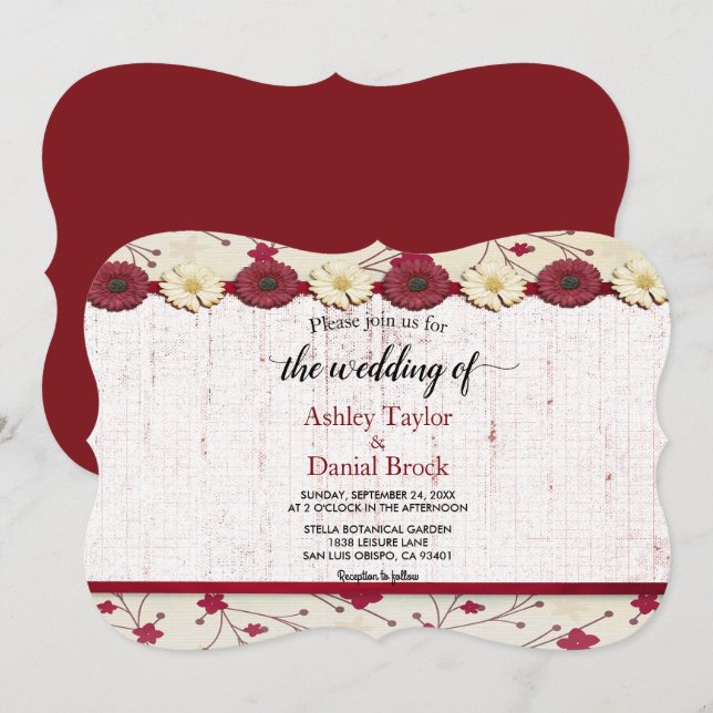 Convite Casamento Floral Moderno Burgundy Boho Clássico (Frente/Verso)