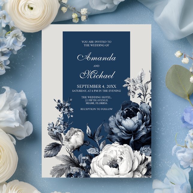 Convite Casamento Floral Moderno de Blues e Cinzas (Modern Blues & Gray Floral Wedding Invitation)
