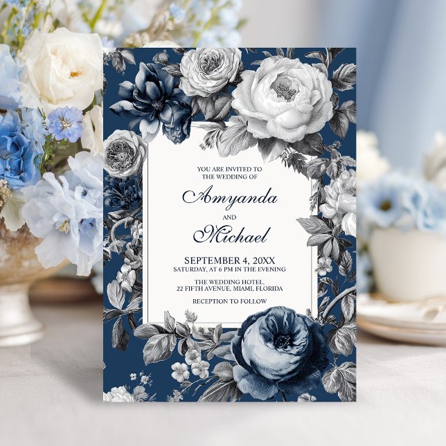 Convite Casamento Floral Moderno de Blues e Cinzas (Modern Blues & Gray Floral Wedding Invitation)