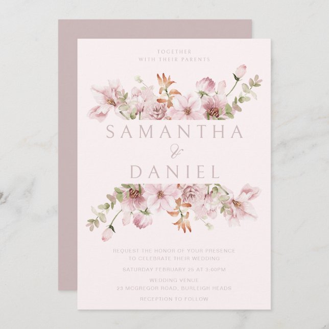 Convite Casamento Floral Moderno de Blush & Dusty Rosa (Frente/Verso)