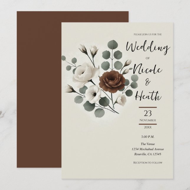Convite Casamento Floral Moderno de Mocha Cream (Frente/Verso)