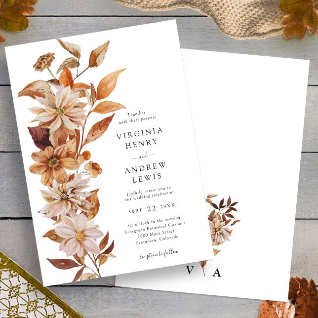 Convite Casamento Floral Moderno de Outono (Fall Modern Floral Wedding Invitation back Monogram by Painted Paperie
)