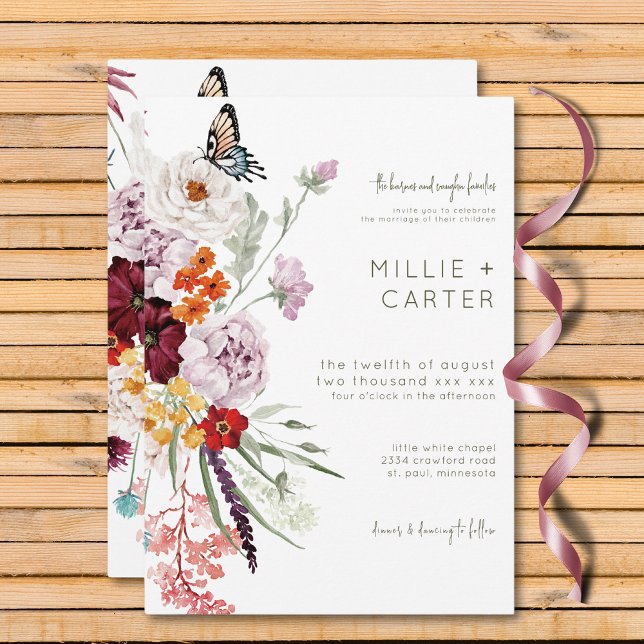 Convite Casamento Floral Moderno de Pastel & Burgundy Bloo (Pastel & Burgundy Blooms Modern Floral Wedding Invitation)