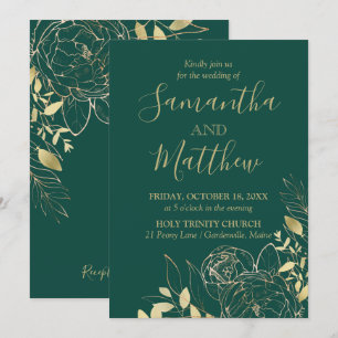Convite Casamento Floral Moderno de Peony Moderno Emerald