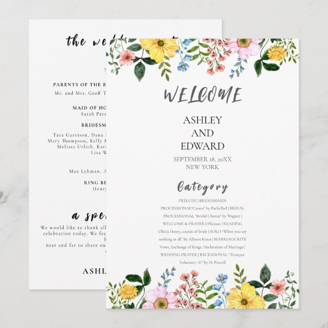 Convite Casamento Floral Moderno de Primavera com Amarelo  (Frente/Verso)
