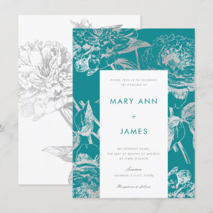 Convite Casamento Floral Moderno de Teal Silver Simples