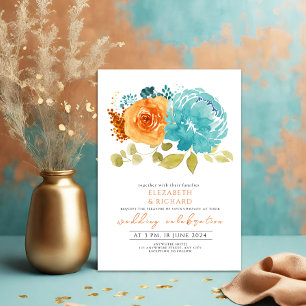 Convite Casamento Floral Moderno do Teal Burnt Laranja Mar