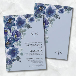 Convite Casamento Floral Moderno Elegante Azul Empoeirado