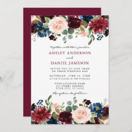 Convite Casamento Floral Moderno Elegante Burgundy