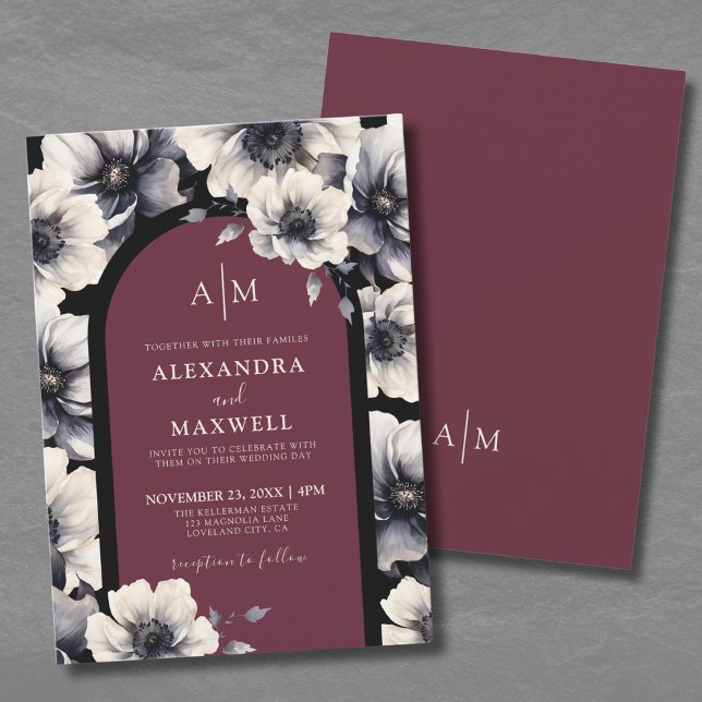 Convite Casamento Floral Moderno Elegante Burgundy (Elegant Modern Burgundy Black Floral Wedding Invitation)