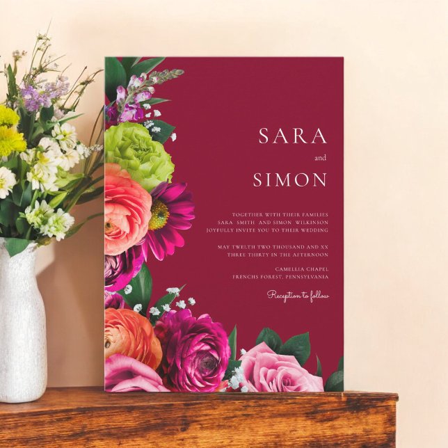 Convite casamento floral moderno elegante e burgundy (colorful bold burgandy floral wedding invitation )