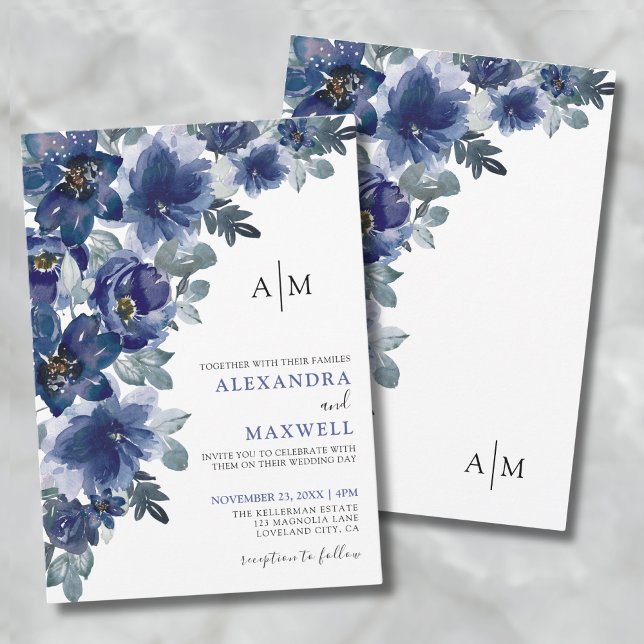 Convite Casamento Floral Moderno Elegante marinho Azul (Navy Blue Elegant Modern Floral Wedding Invitation)